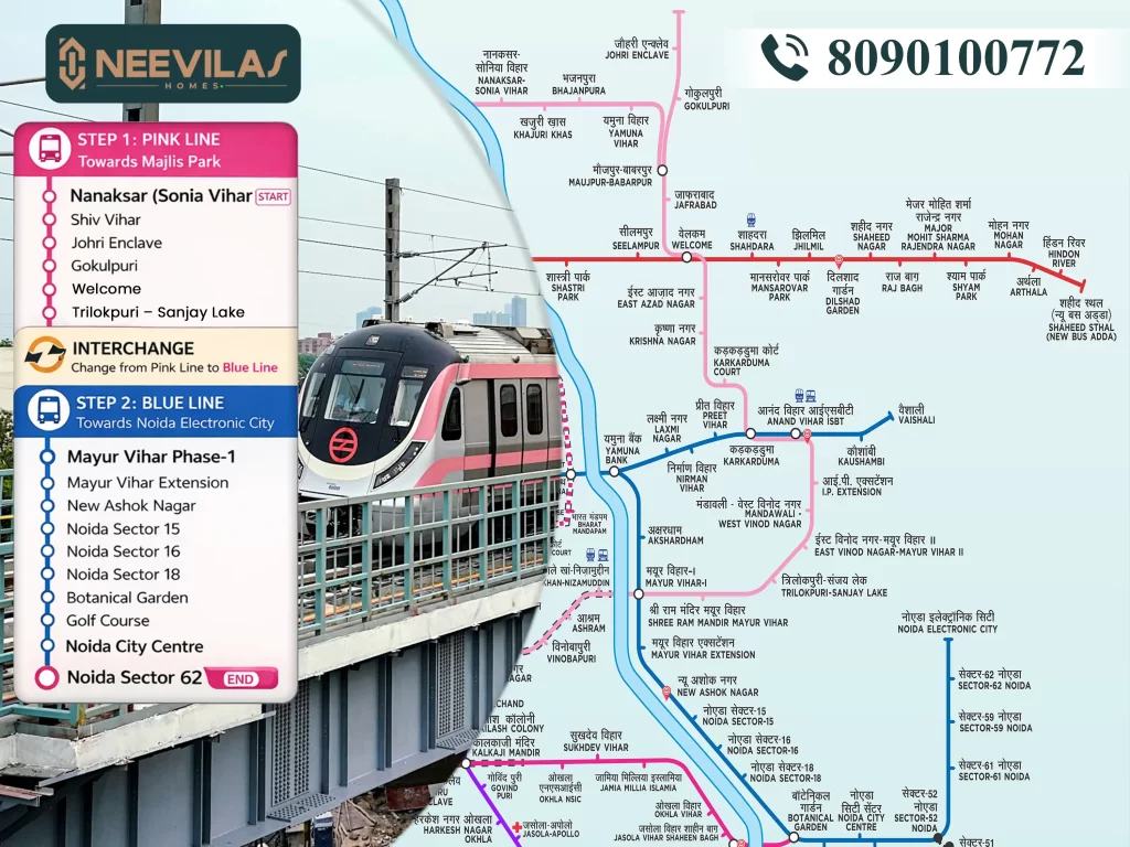How to Reach Noida Sector 62 from Nanaksar (Sonia Vihar) 3 noida-sector-62-to-nanaksar-sonia-vihar-metro-route